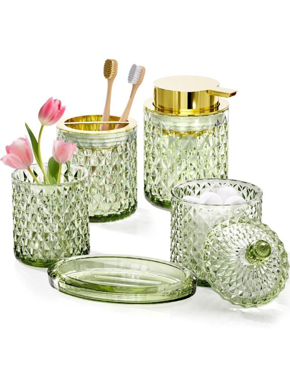 Stylish 5-Piece Green Glass Bathroom Accessory Set for Vanity Decor